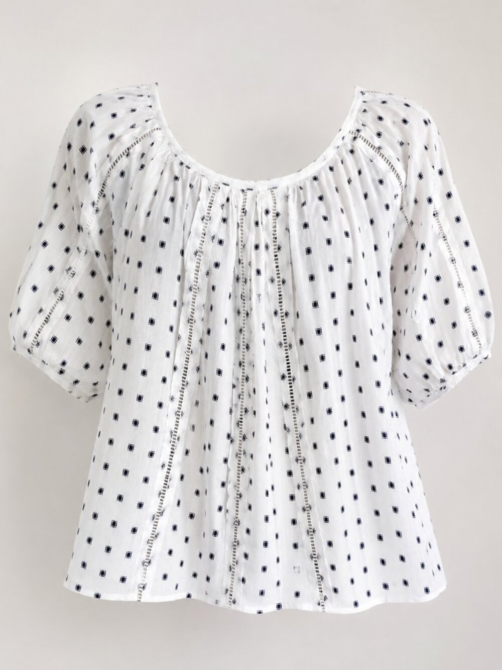 LOFT White Black Cotton Peasant Blouse XL Puff Sleeve Ladder Lace Openwork Boho